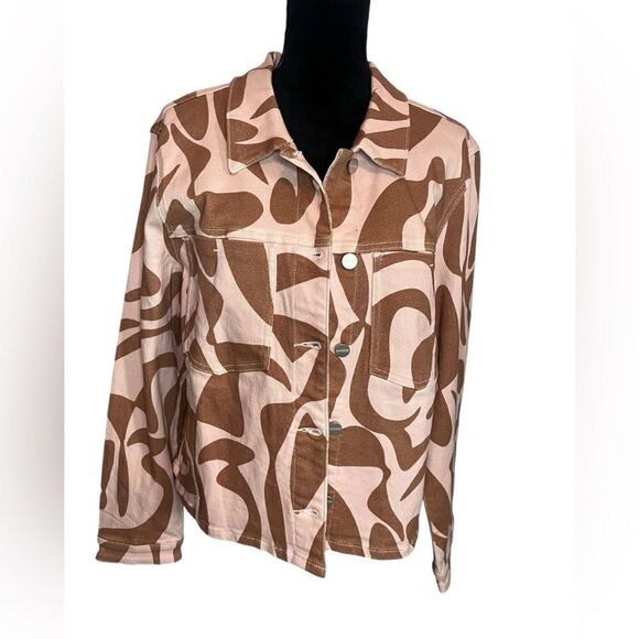 NWT ANTHROPOLOGIE SANCTUARY BABY PINK/BROWN TROPICAL GIRLY DENIM JACKET SIZE XL - Picture 1 of 13